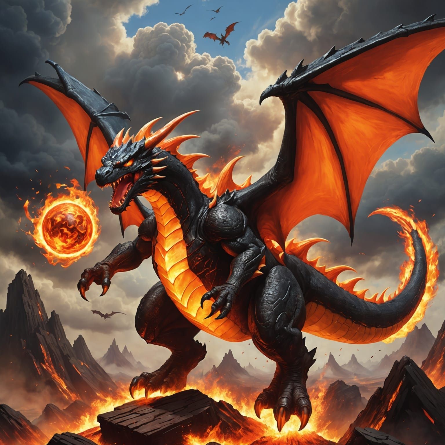 Fiery Lava Dragon Flying in Dark Sky