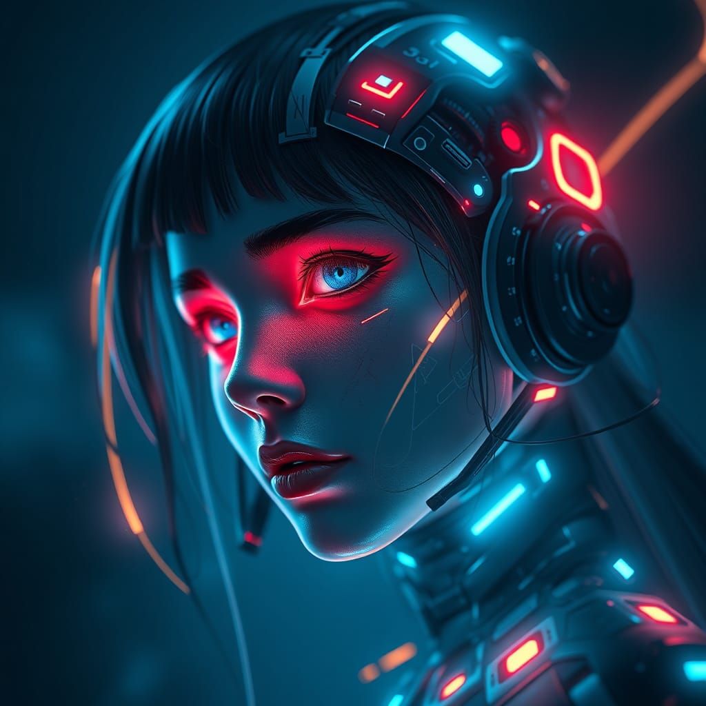 Cyber Girl Face in High-Tech Fantasy Art