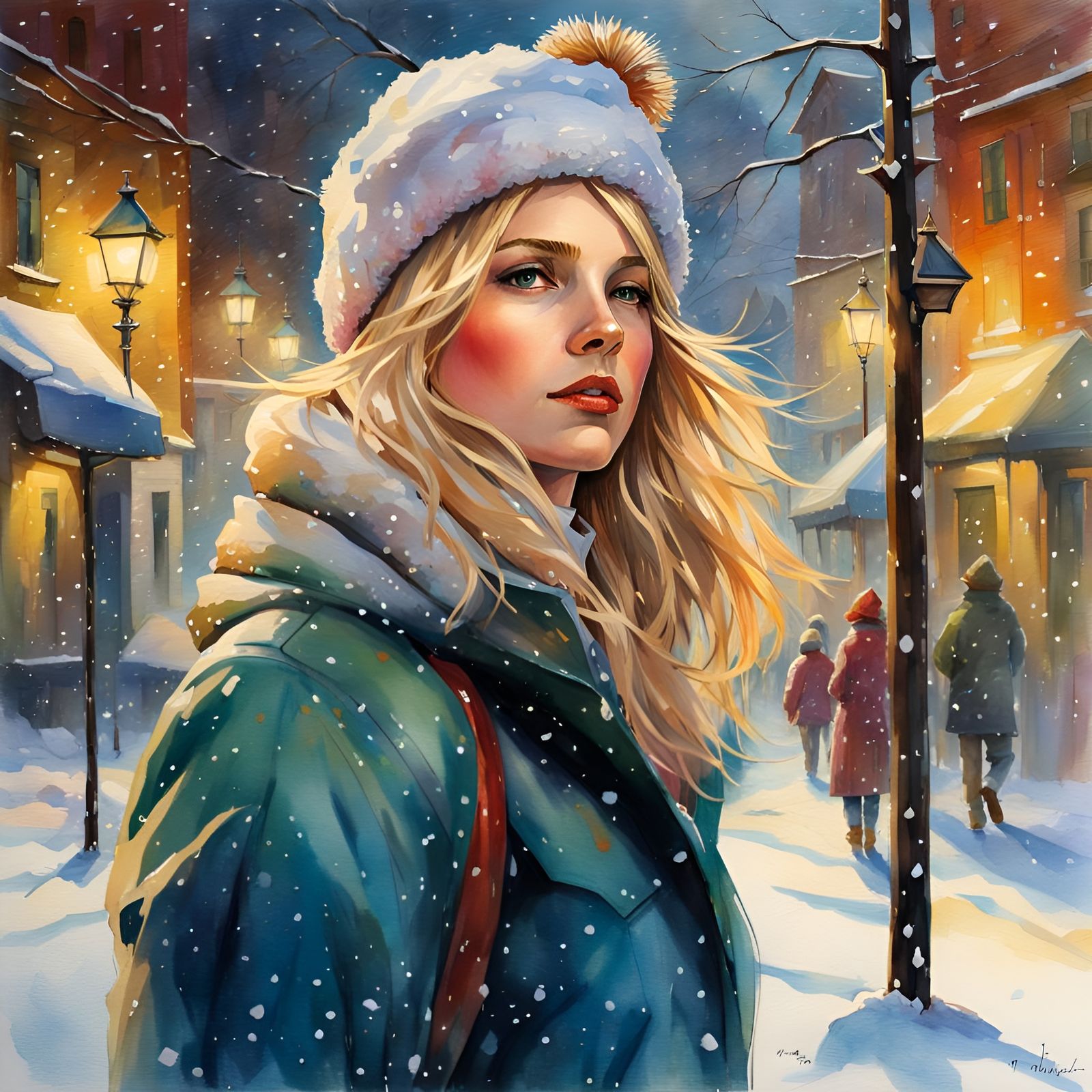 Girl Walking in Snowy Town, Watercolor Style