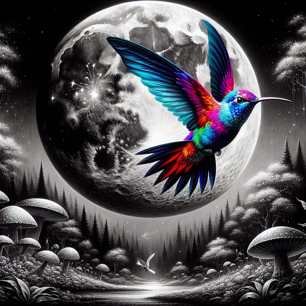 Hummingbird in Moonlit Fairy Garden, Romanticism Style