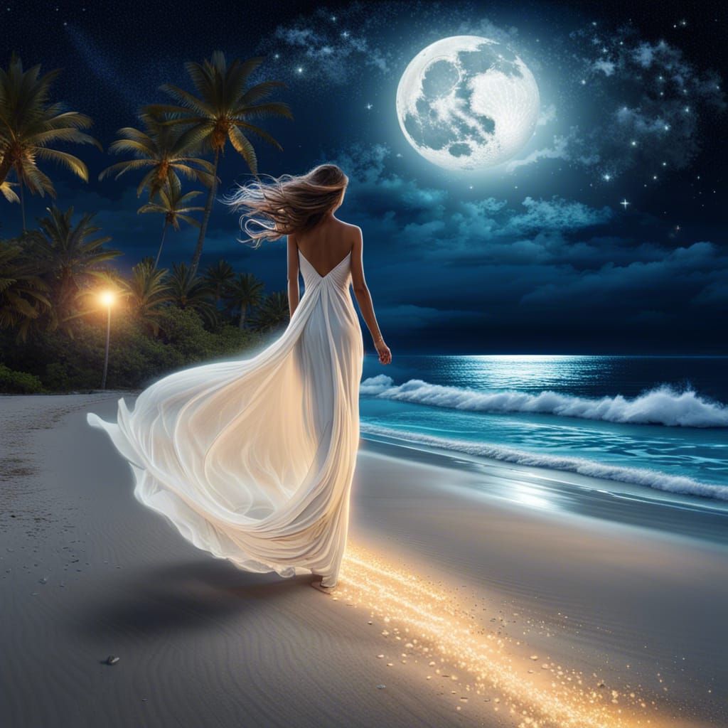 Woman on Glowing Beach Under Moonlight