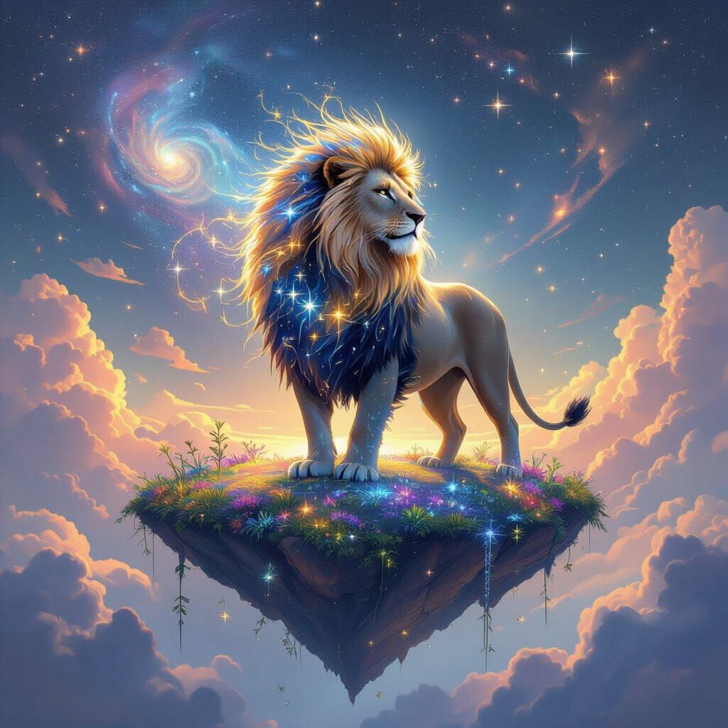 Cosmic Lion on Nebula Floating Island