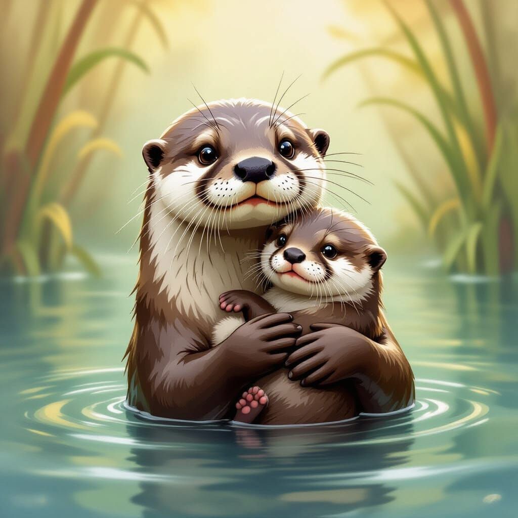 Regal Otter King Cradles Baby Otter in Whimsical Style