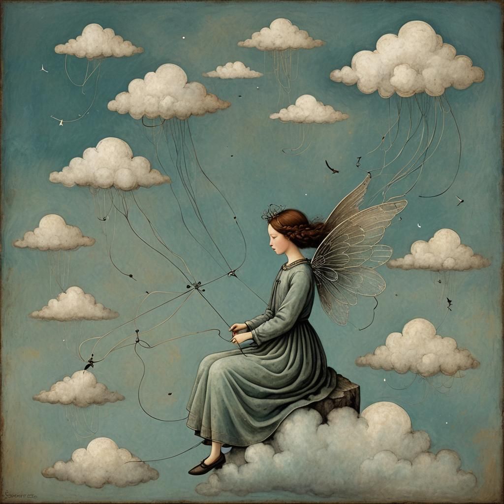 Angel Creating Clouds with Strings, Celestial Art