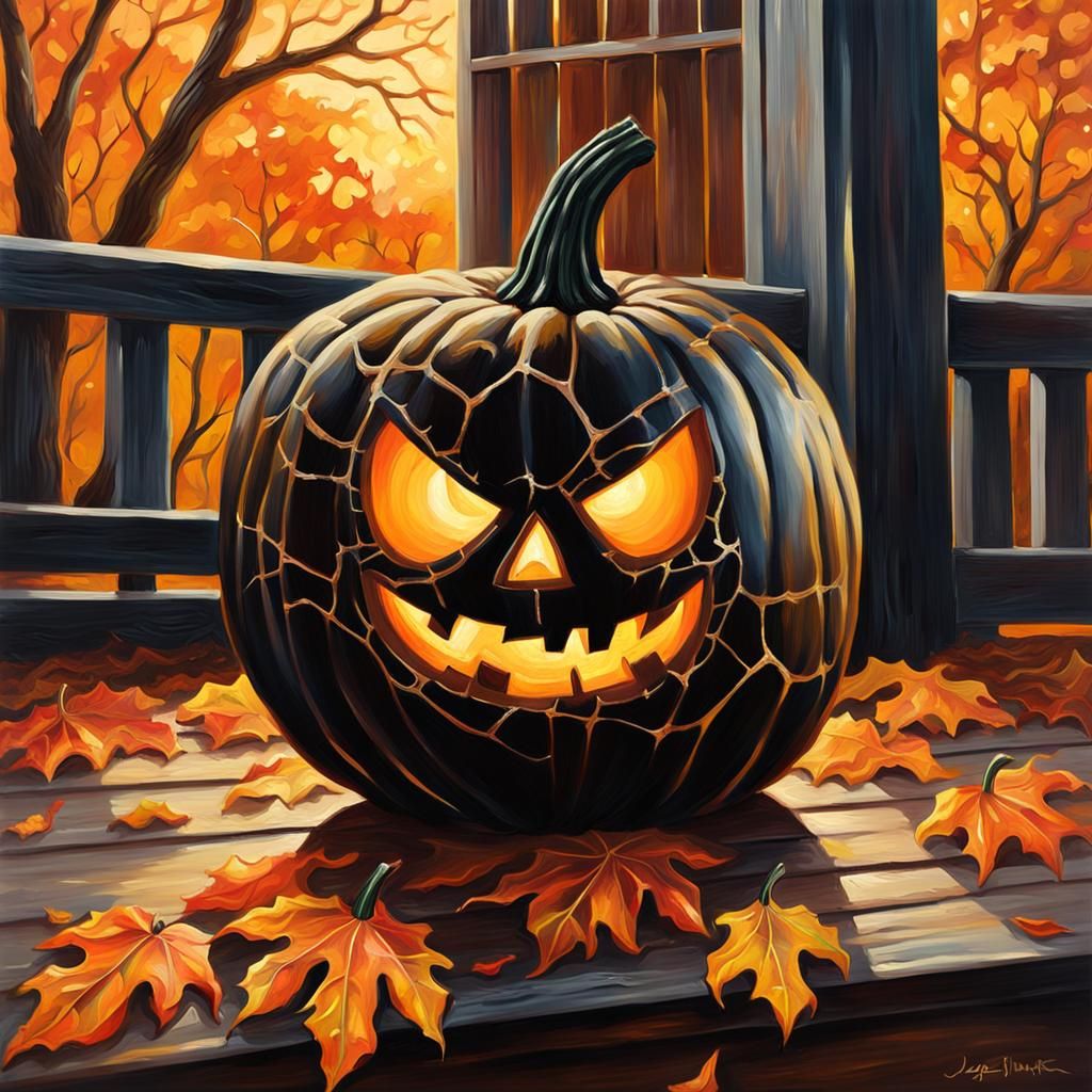 Shiny Black Pumpkin Oil Painting with Glowing Eyes