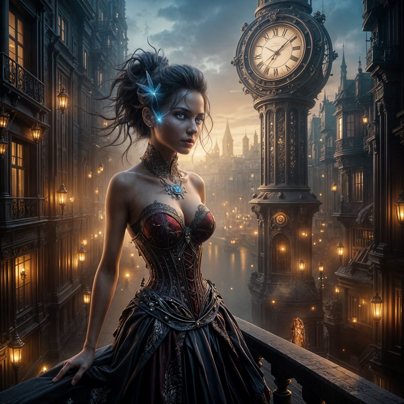 Steampunk Woman Overlooks Mechanized City