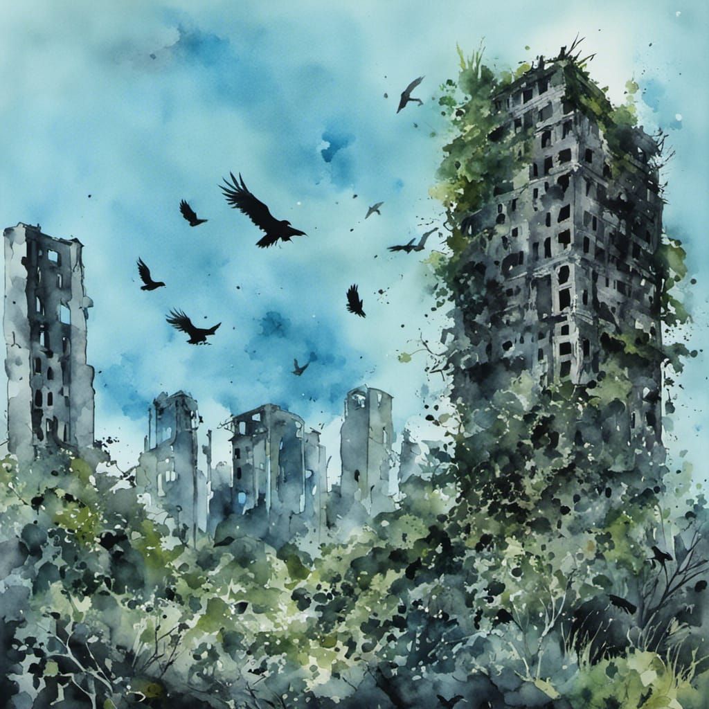 Apocalyptic Skyscraper Ruin: Watercolor and Ink Art