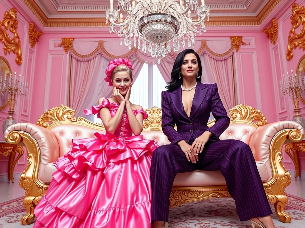 Barbiecore: Two Women in Lavish Pink Living Room