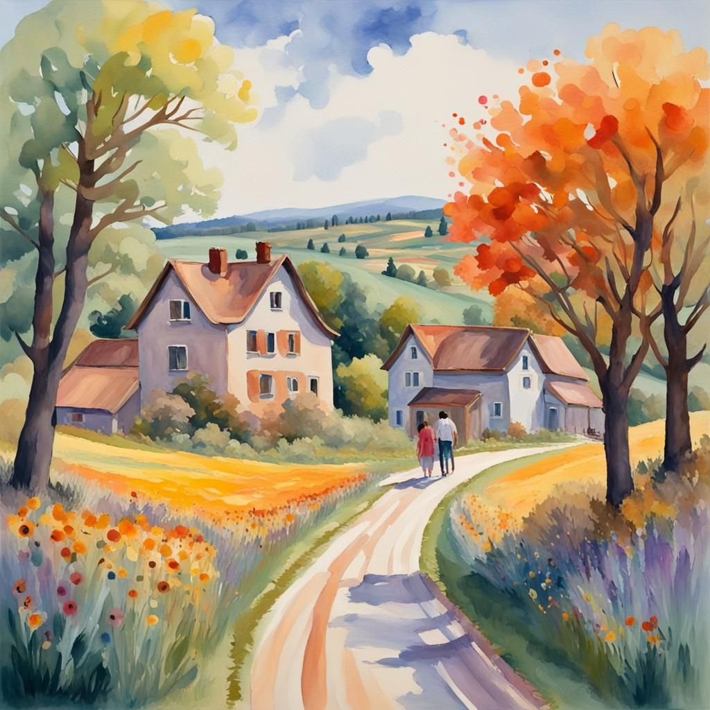 Village Symphony: An Impressionist Gouache Masterpiece