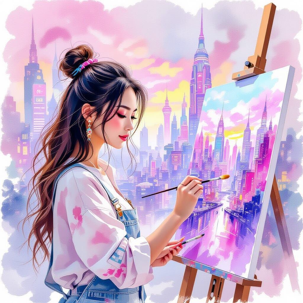 Gyaru Woman Paints Futuristic City in Vibrant Watercolor