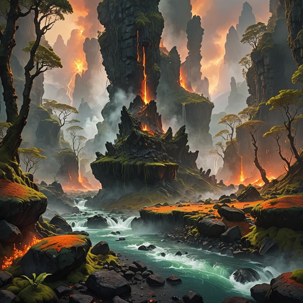 Epic Fantasy Landscapes of Erupting Basalt Formations