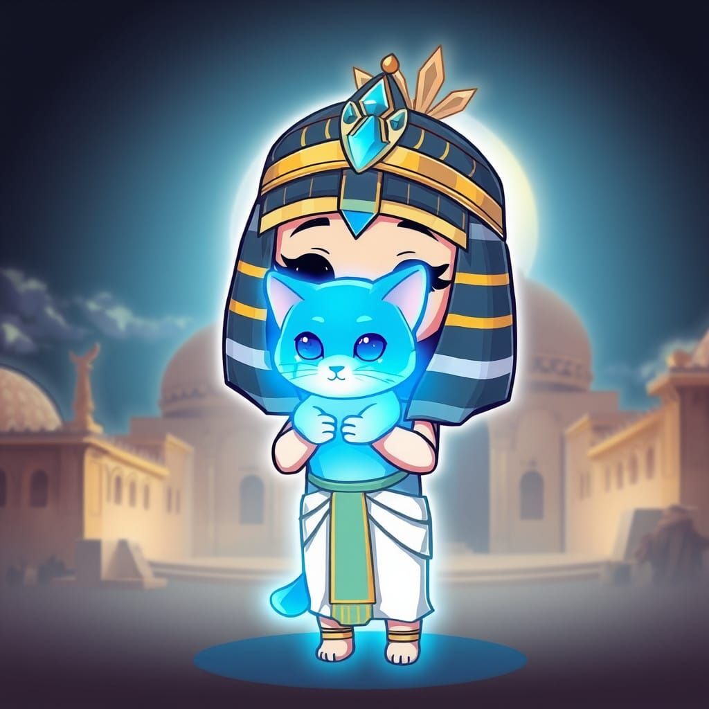 Chibi Cleopatra Holding Holographic Cat in Ancient Alexandri...