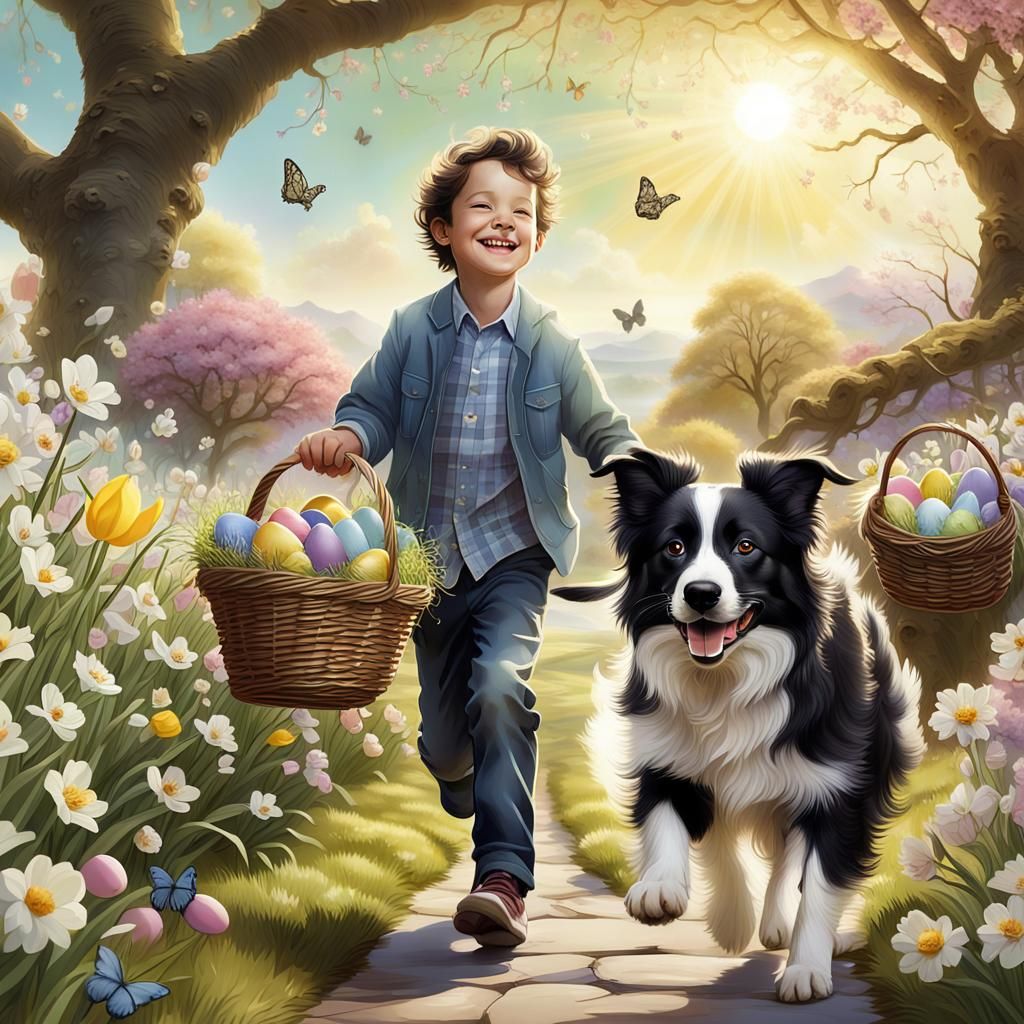 Boy and Border Collie Easter Egg Hunt