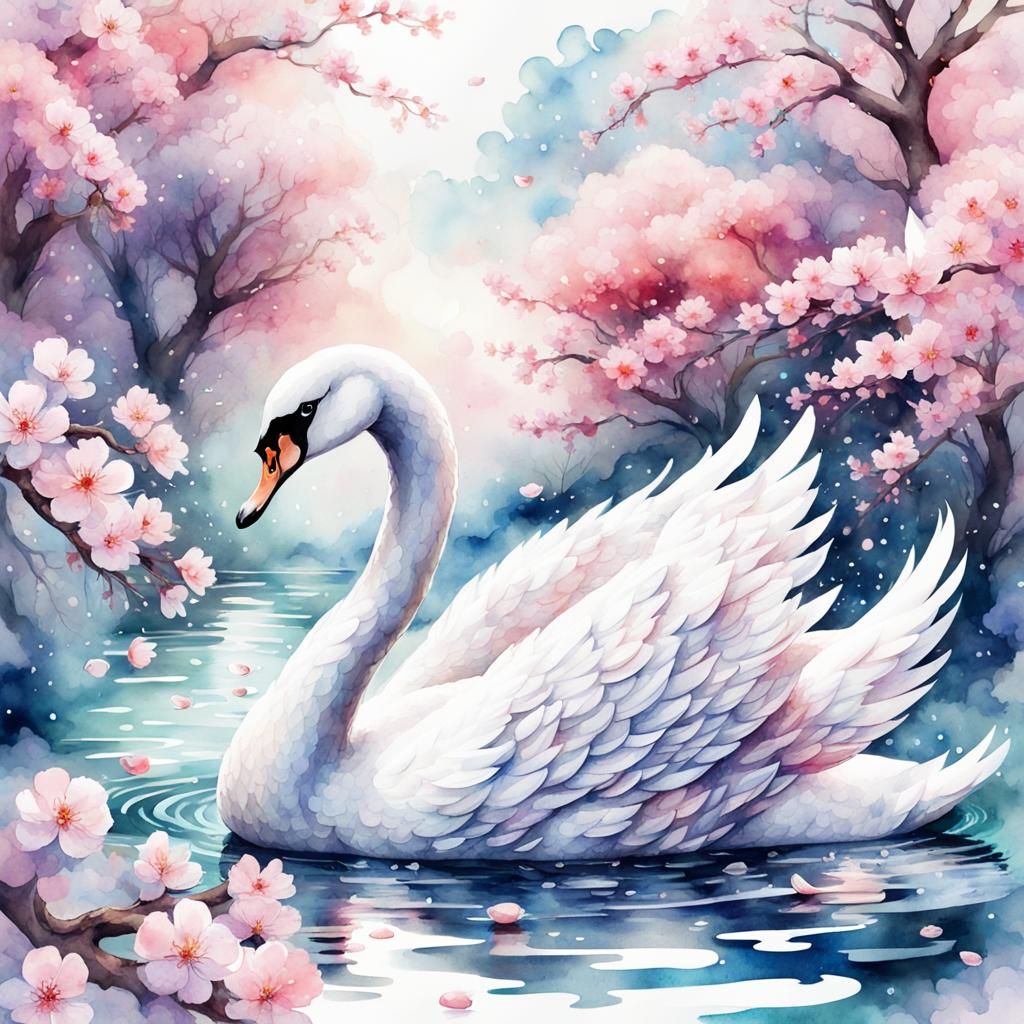 Fairytale Swan in Digital Watercolor Illustration