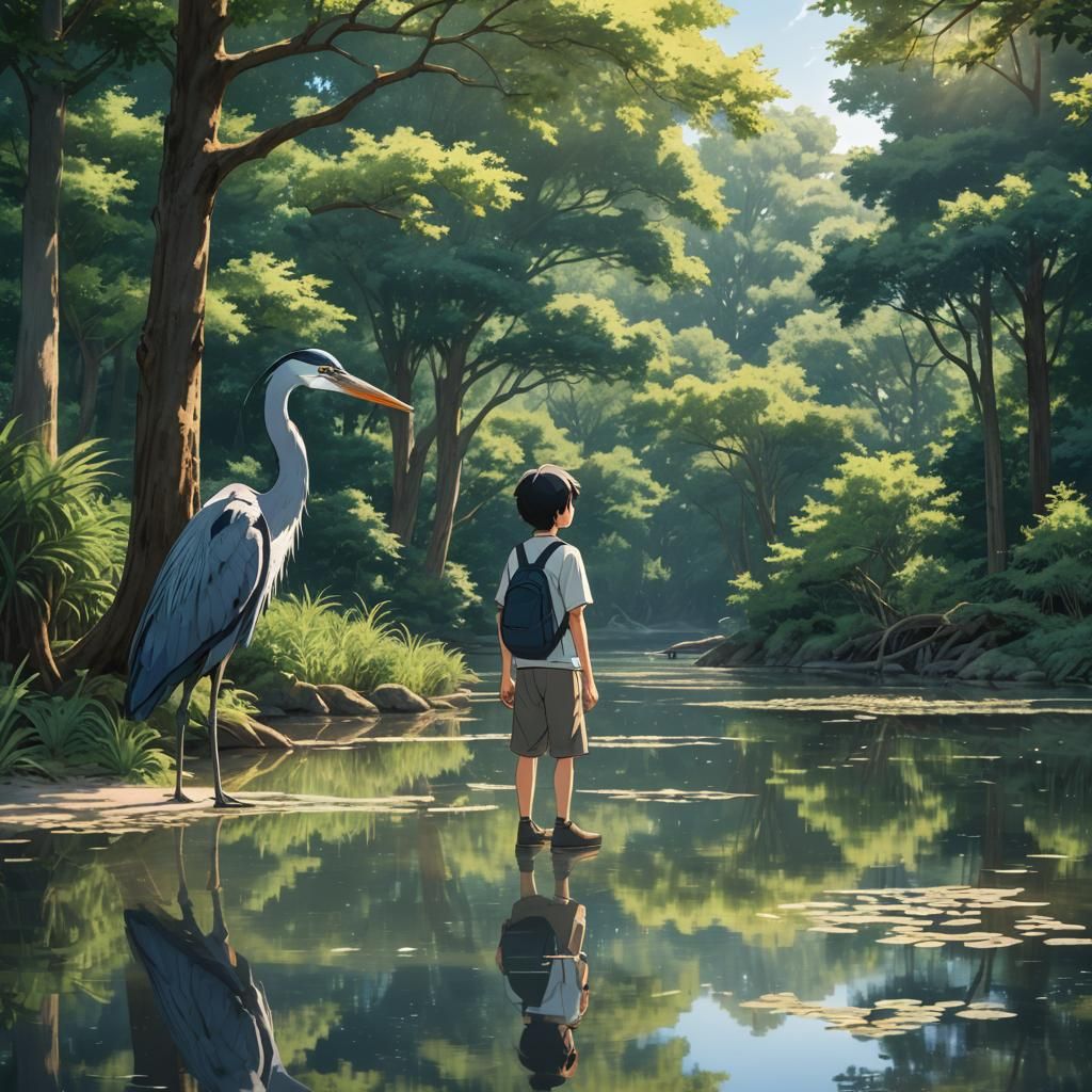 Boy and Heron in Anime Style, Ghibli Concept Art