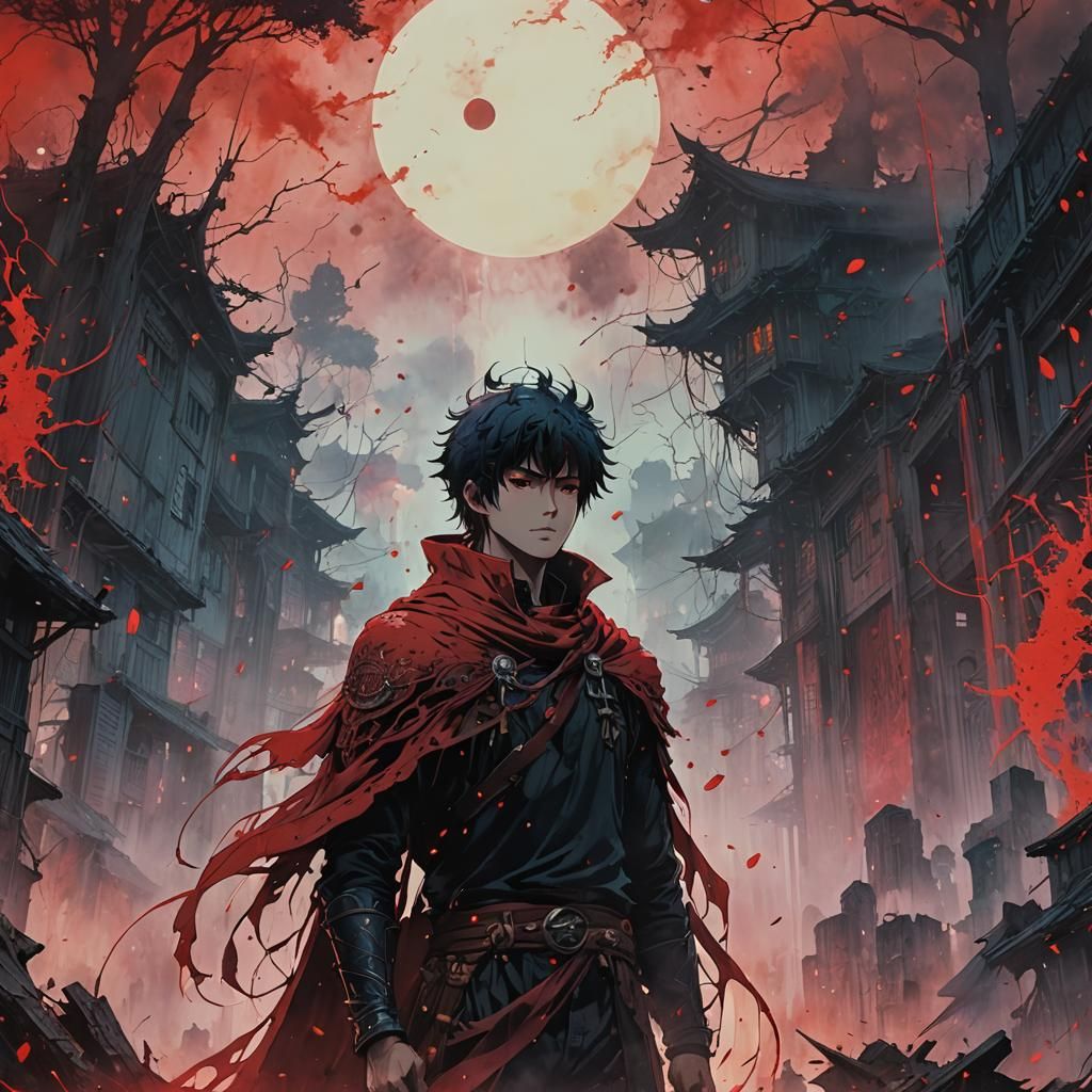 Anime Eclipse Scene with Foggy Red Mist