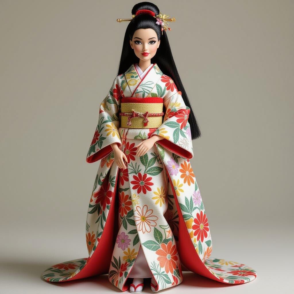 Barbie Doll in Kimono, Hyper-Realistic Style