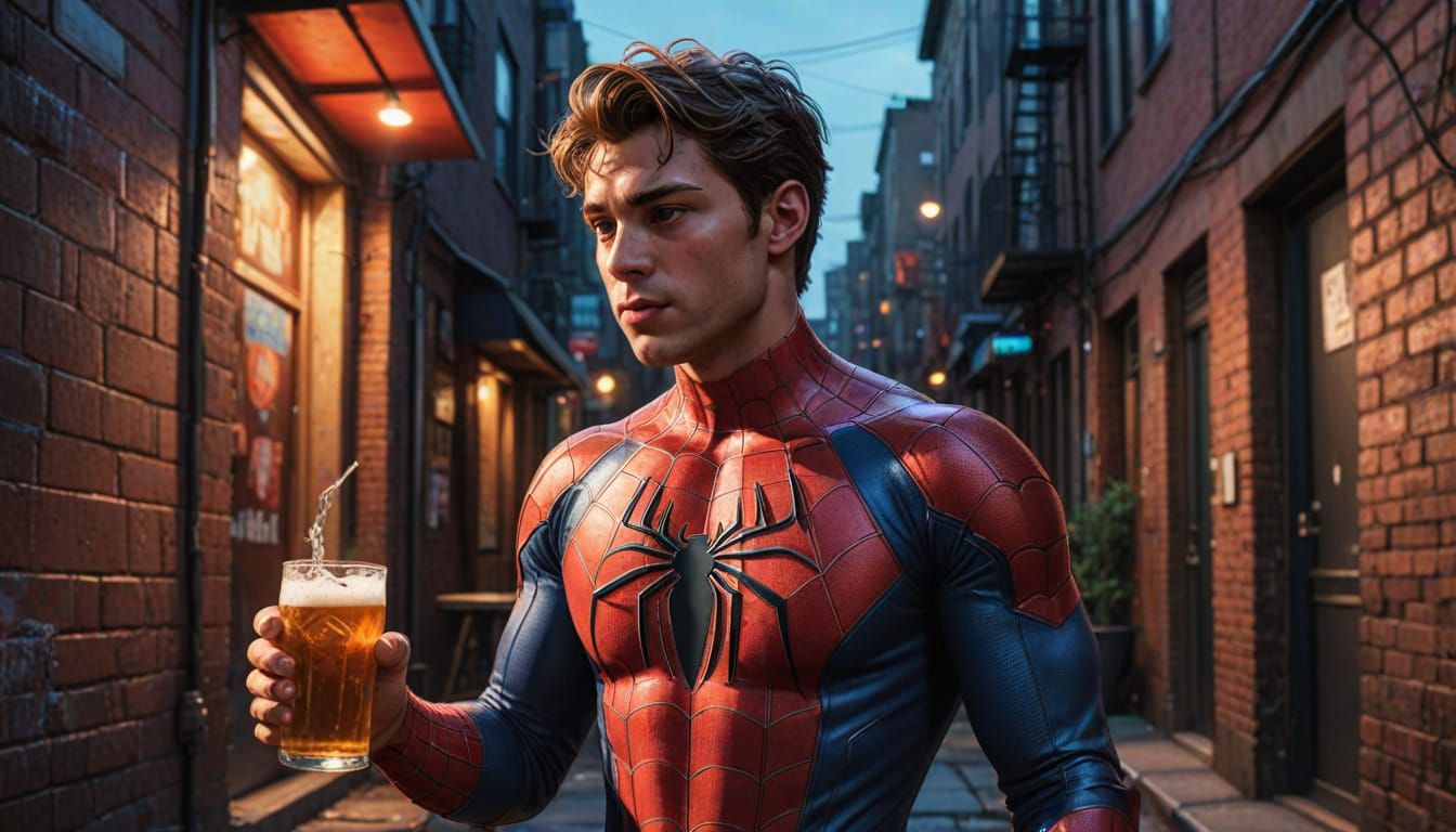 Young Spiderman Contemplates City Nightlife in Stylized Comi...
