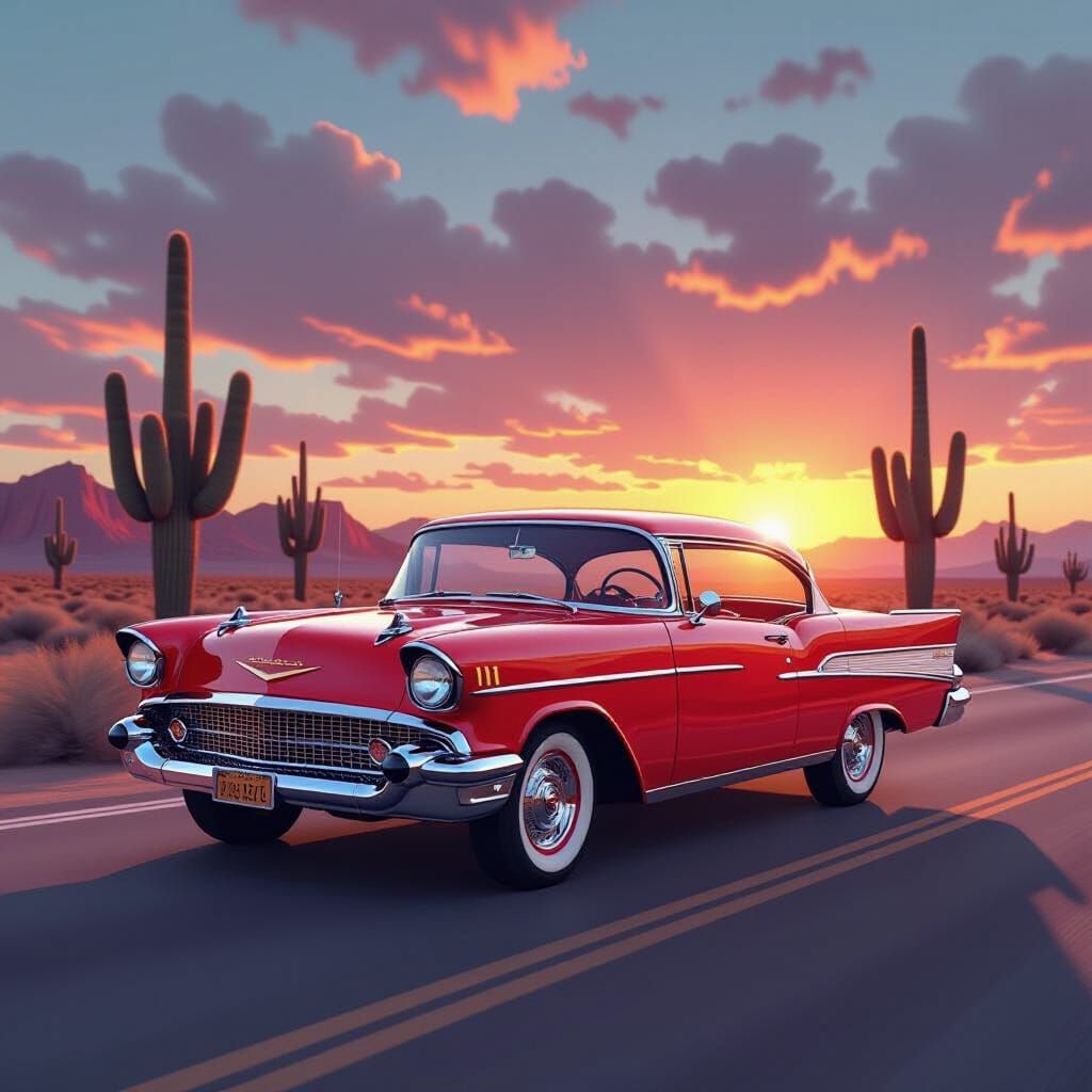 1957 Chevy Bel Air Driving Desert Road at Sunset