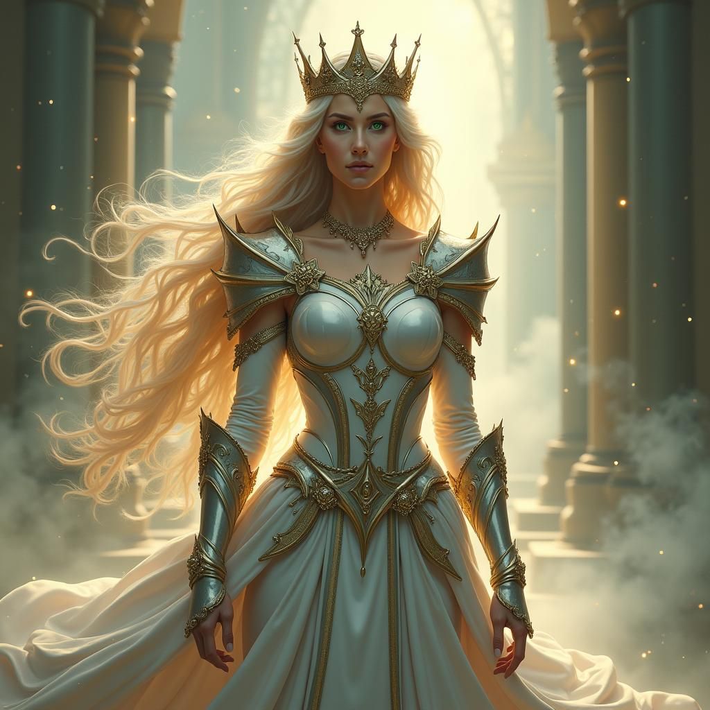 Regal Warrior Queen in Ethereal Landscape