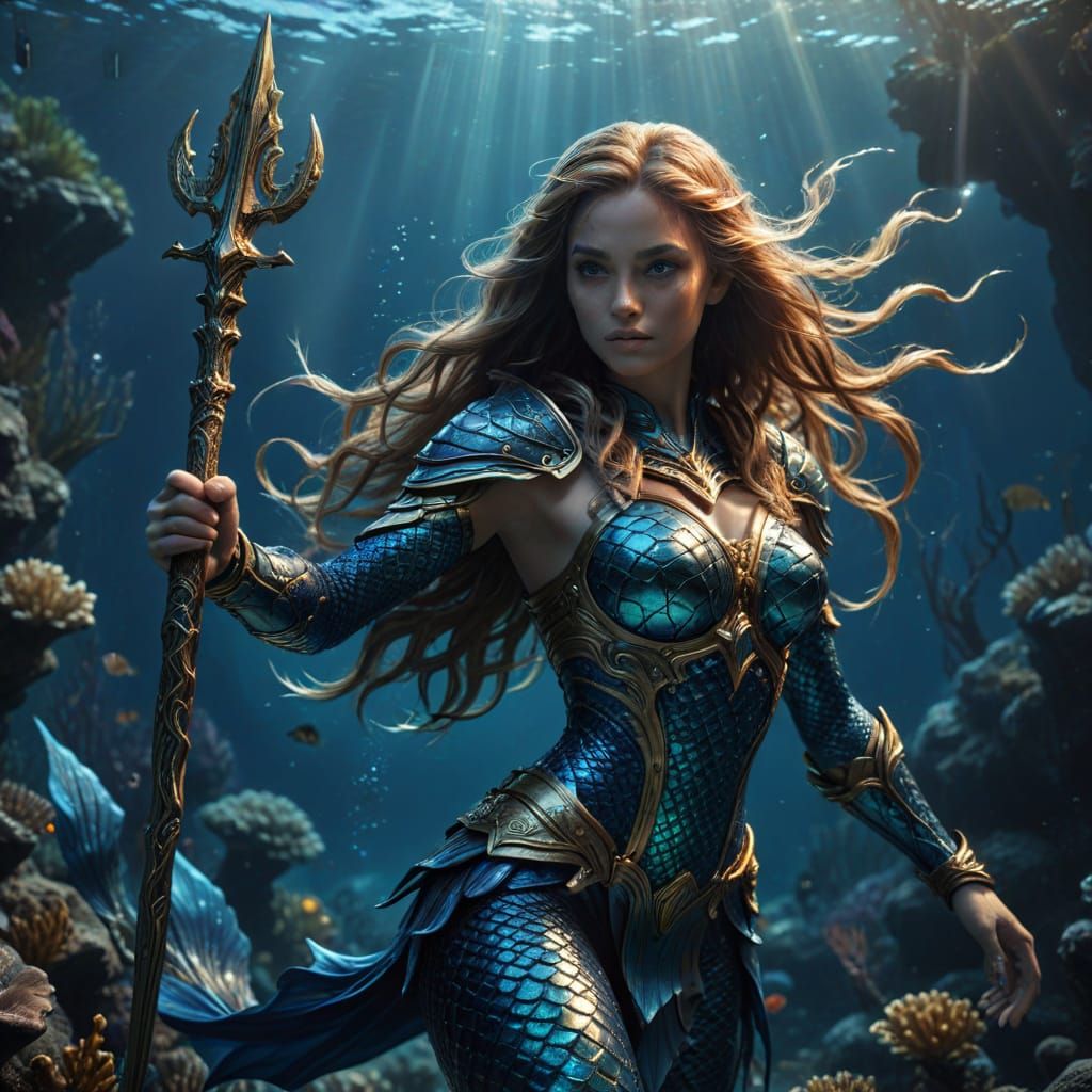 Majestic Mermaid Warrior in Golden Armor, Surrounded by Sere...