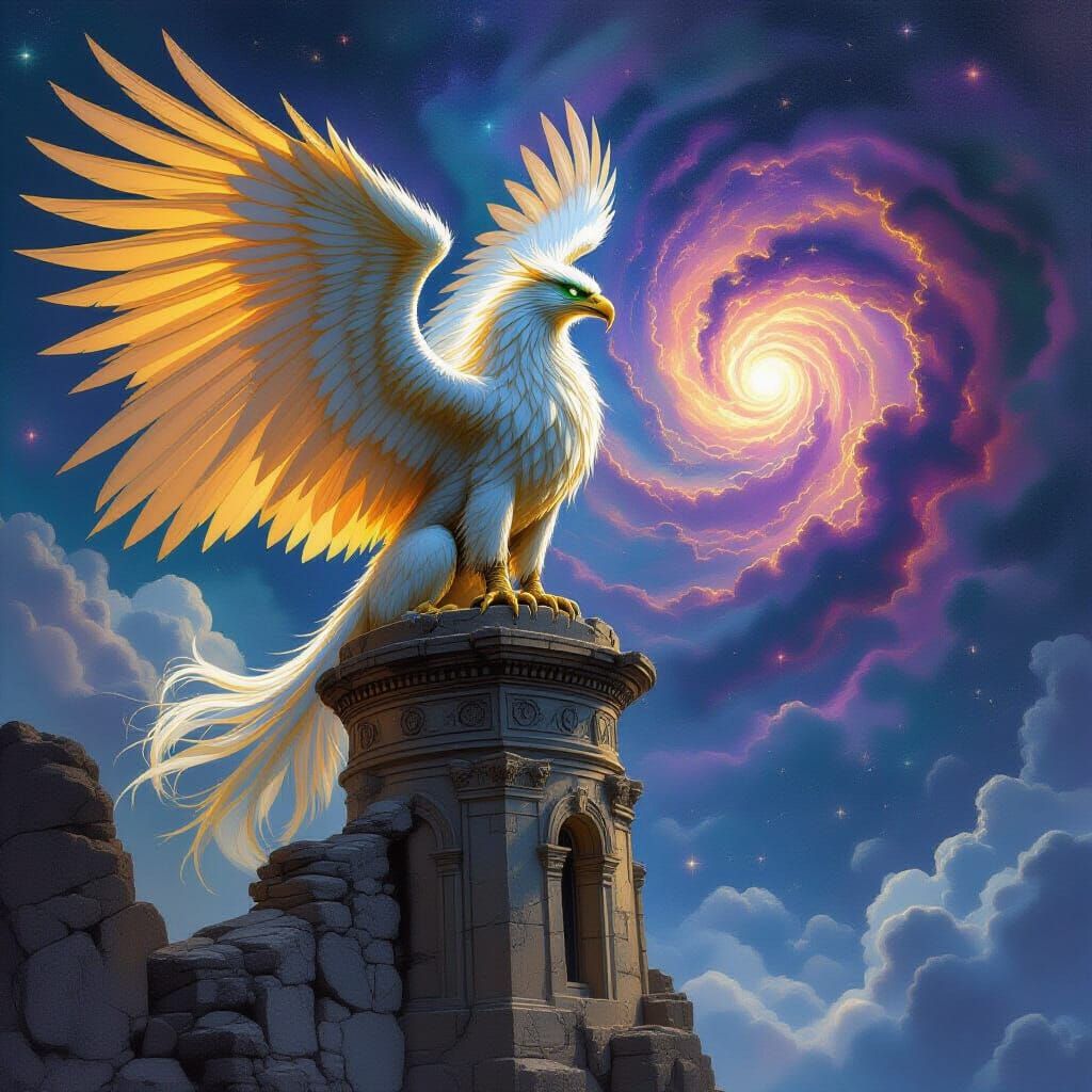 Golden Griffin on Ancient Observatory Amidst Cosmic Nebula