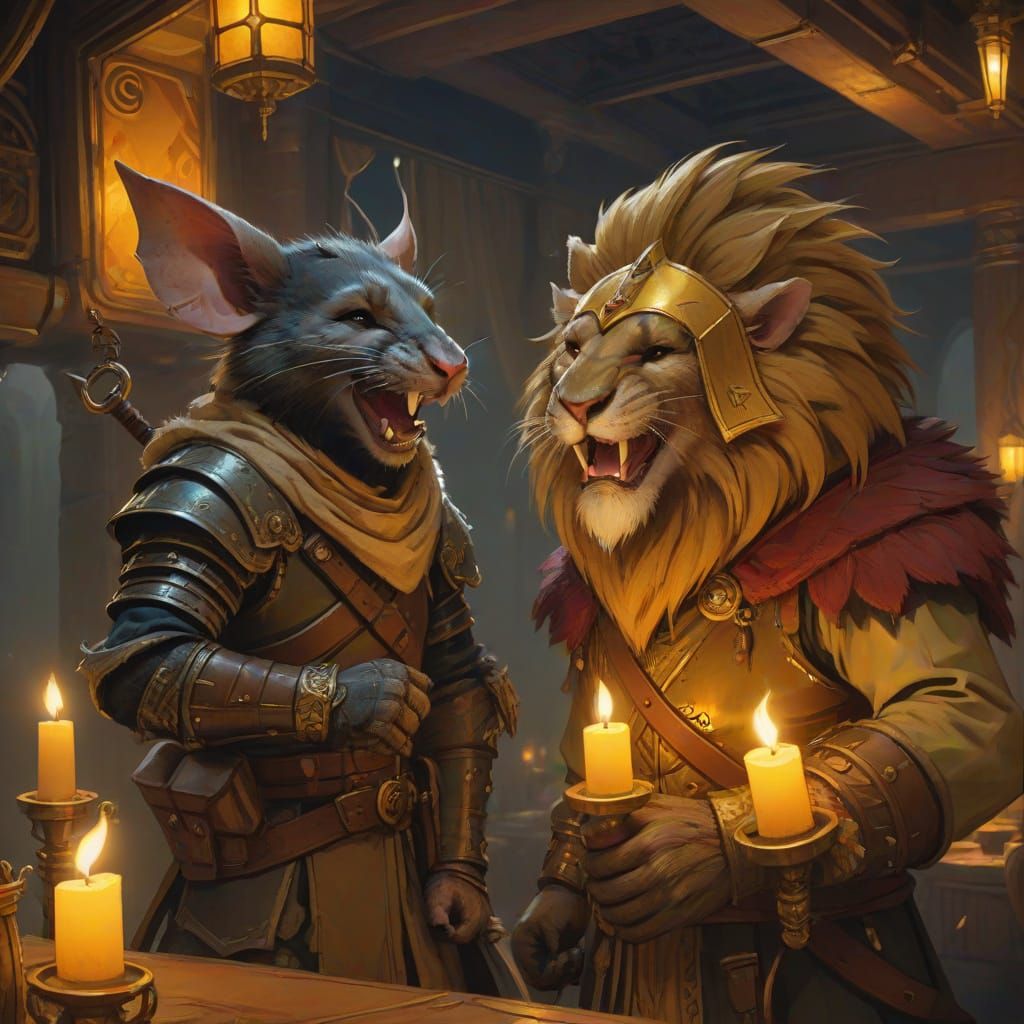 Leonin Warrior and Wererat Thief in Art Deco Style