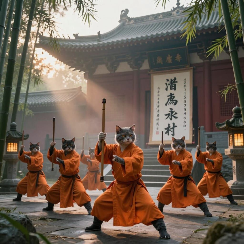 Cats in Shaolin Robes Practicing Kung Fu at Dawn