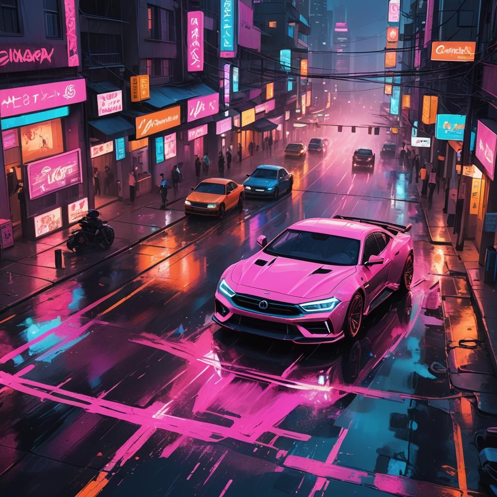 Fluorescent Car Races Through Cyberpunk Sinagora