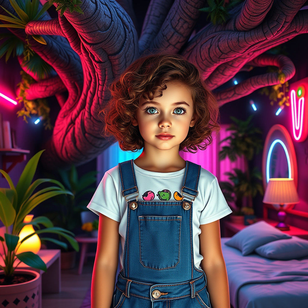 Girl in Retro Bedroom with Neon Lights