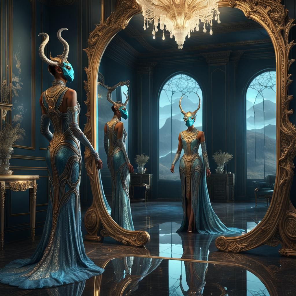 Cyborg's Reflection: Woman in Antelope Mask