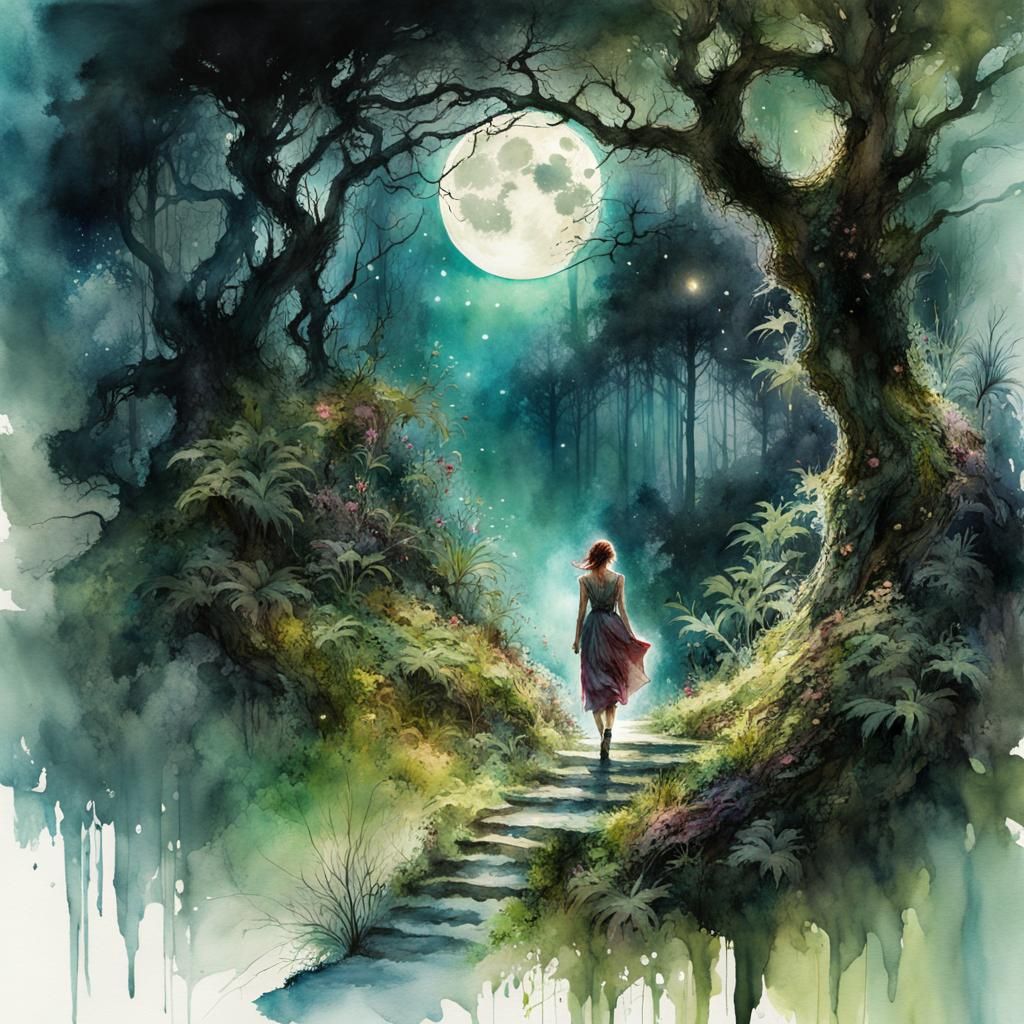 Lost Woman in Jungle: Fantasy Watercolor Illustration