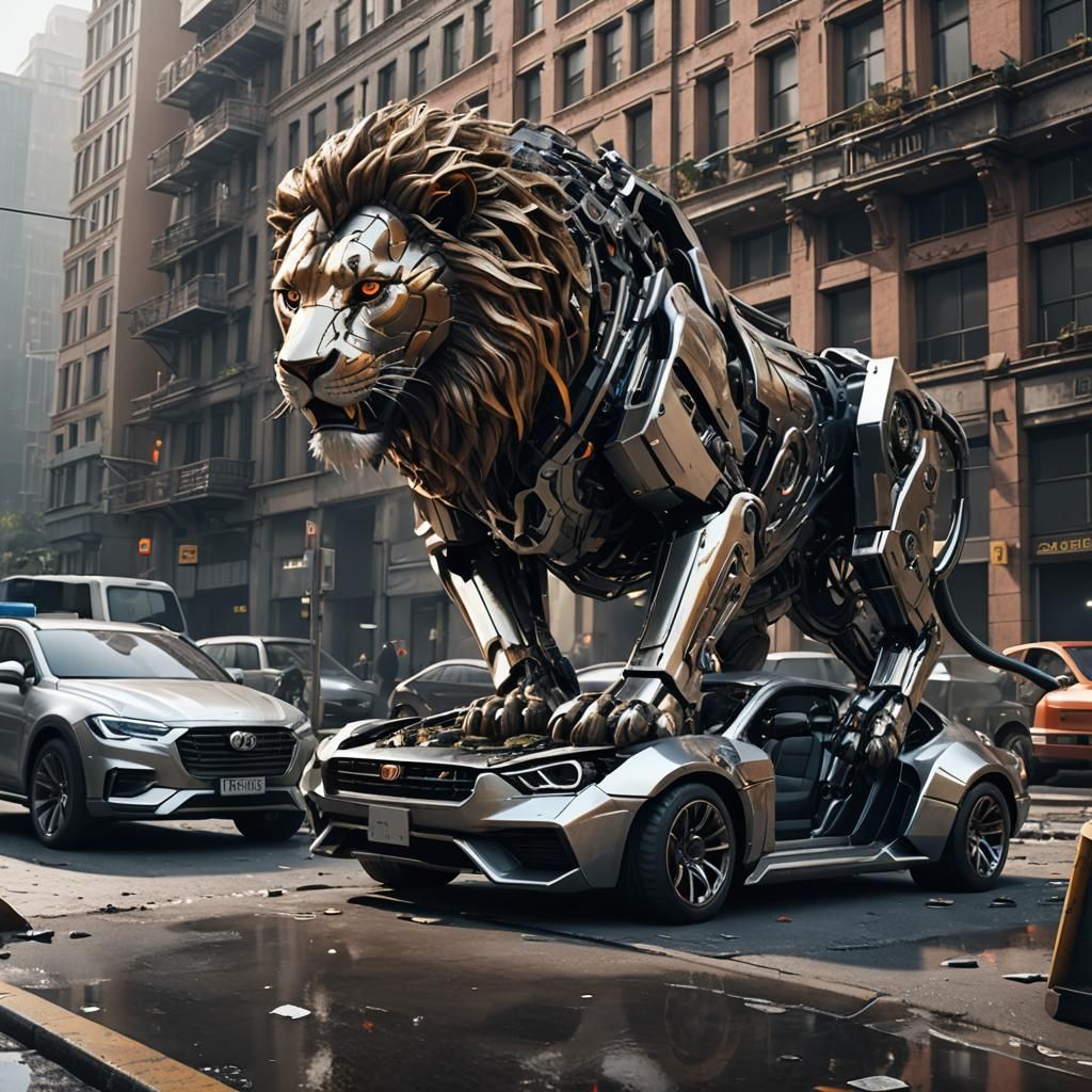 Futuristic Robotic Lion Grabs Car in Epic Sci-Fi Scene