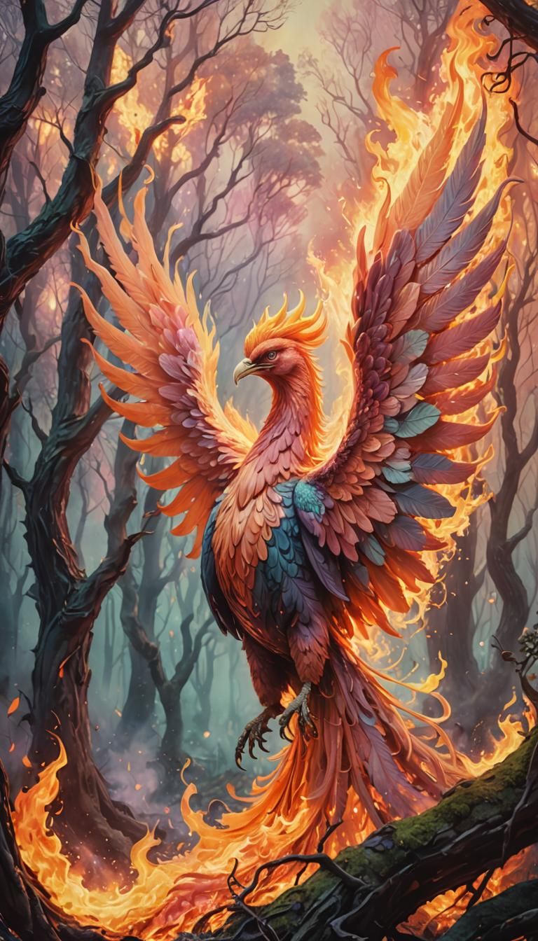 Phoenix Rises in Pastel Surrealist Forest