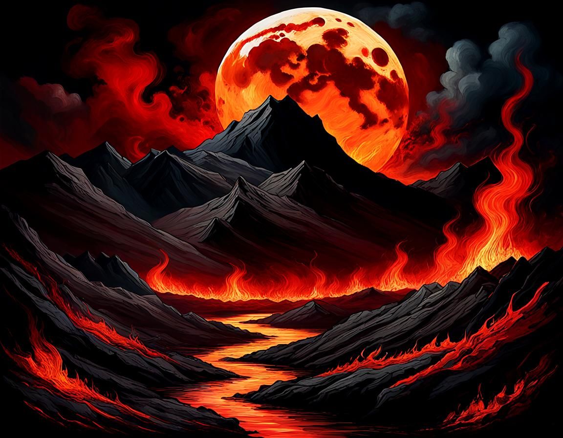 Surreal Fire Moon in Barren Landscape