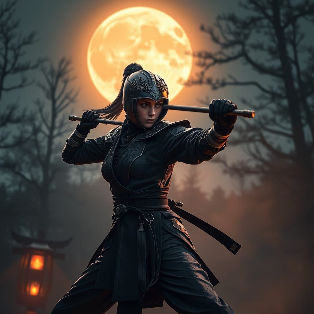 Female Ninja Under Moonlight in Cinematic Style