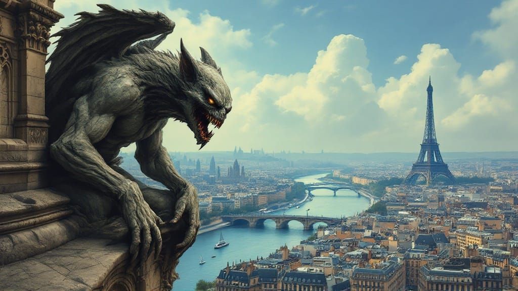 Ethereal Parisian Gargoyle Watches Over City