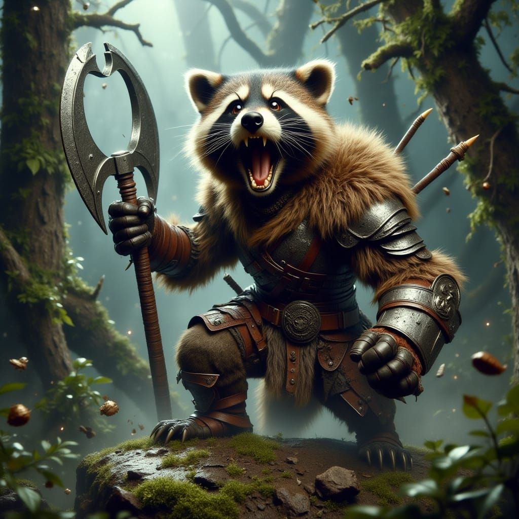 Epic Fantasy Raccoon Warrior in Earth-Toned Armor
