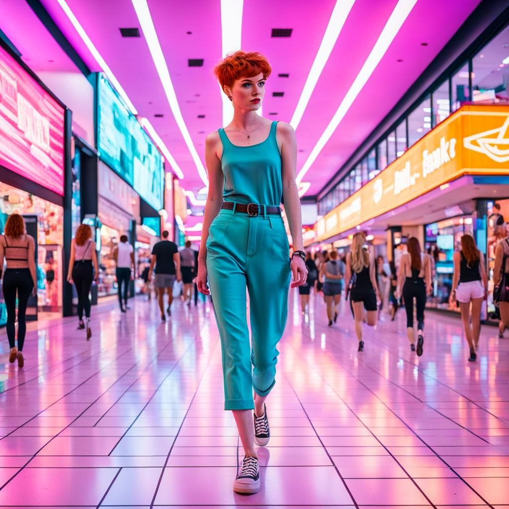 Redhead in Synthwave Mall: AI Generated Image