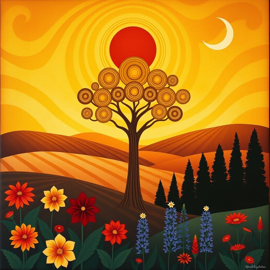 Whimsical Folk Art Landscape with Art Nouveau Influences