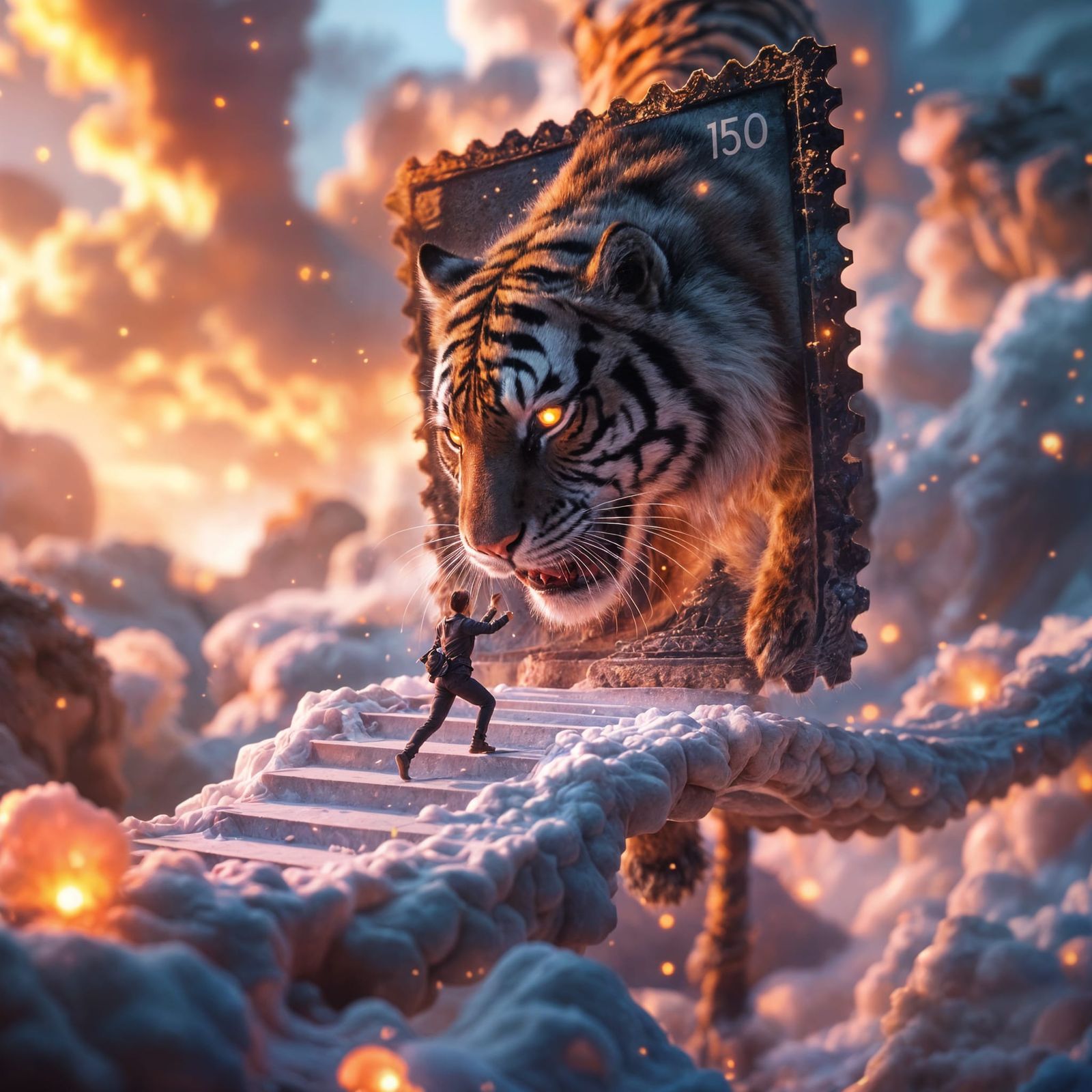 Surreal Living Tiger Postage Stamp in Space