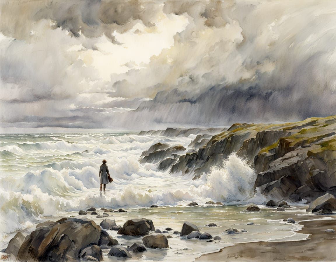 Lone Wanderer Facing Storm Surge in Watercolour