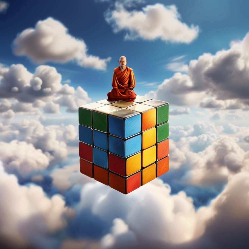 Monk Meditating on Rubik's Cube in Sunny Sky