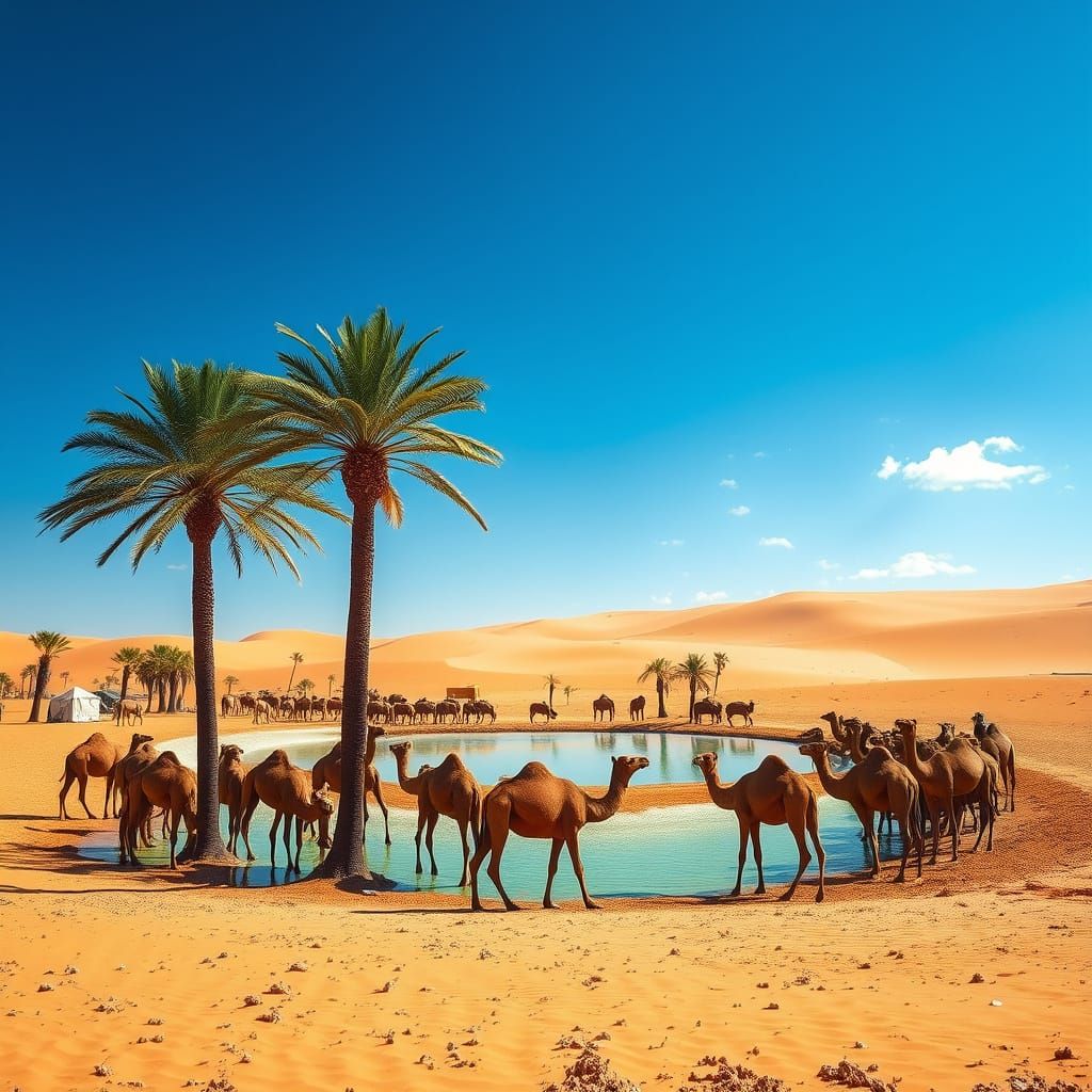 Camels in a Serene Desert Oasis