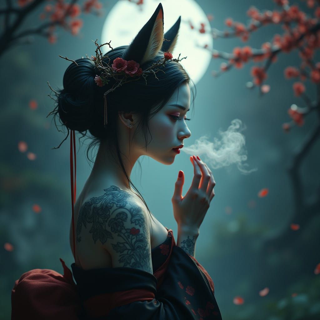 Enigmatic Fox Geisha Lady Under Moonlit Blossoms