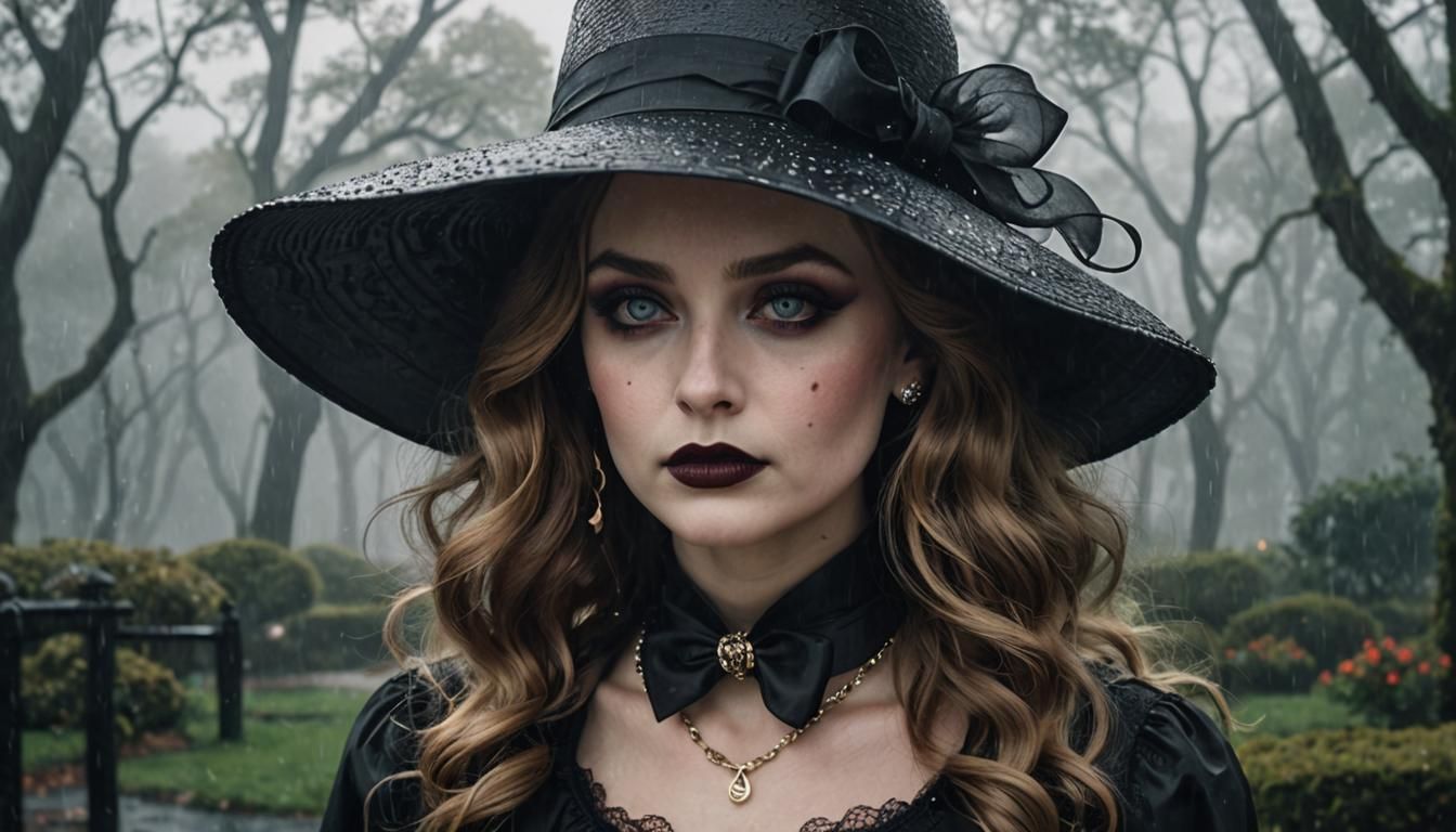 Gothic Alice in Wonderland Portrait in Rainy Fog