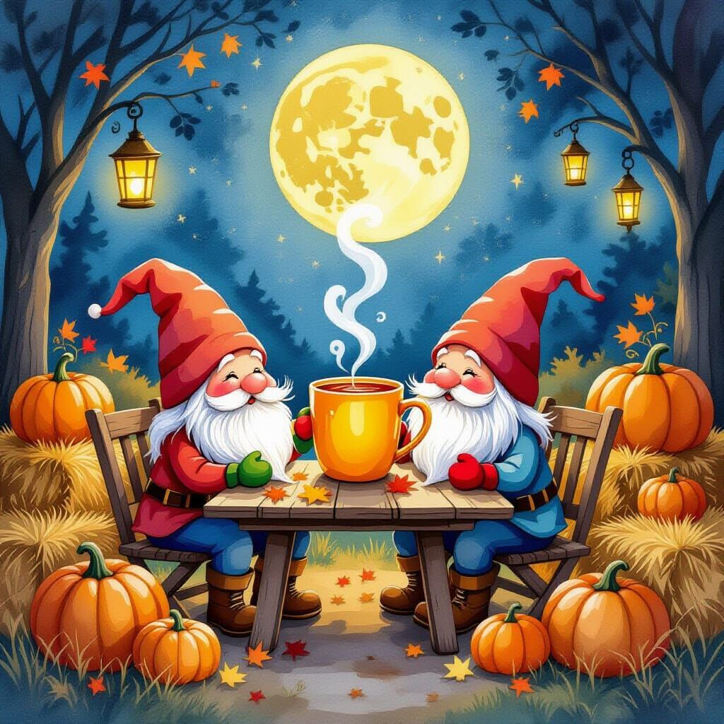 Gnomes Share Cider Under Harvest Moon in Watercolor