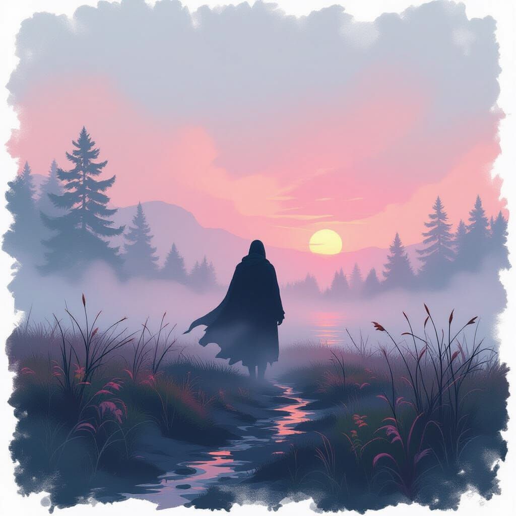 Ethereal Figure in Dreamy Mist Landscape