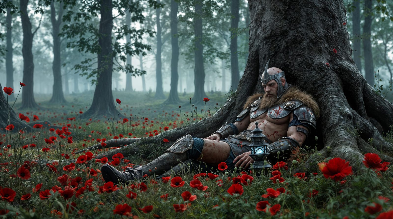 Exhausted Viking Warrior in Norwegian Wilderness