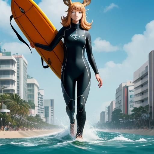 Giant Anthropomorphic Deer Surfer Walks Through City